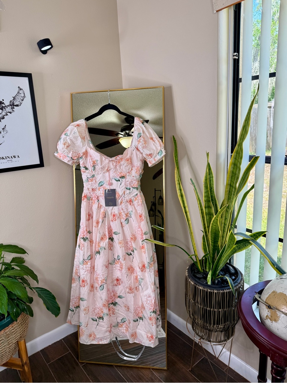 House of CB LULABELL Peach Floral Cotton Puff Sleeve Midi Dress NWT - Picture 5 of 9